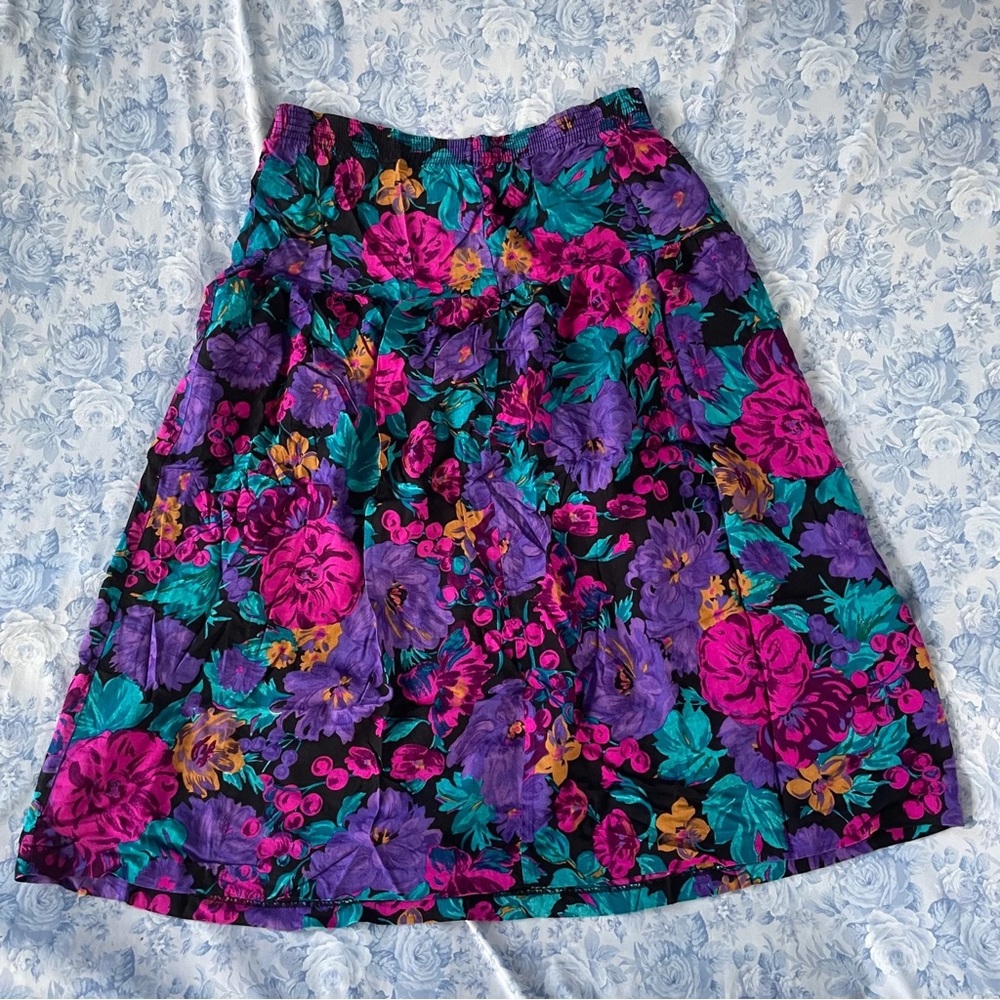 Vintage 14 Floral Black MIDI Skirt Witchy Whimsigoth Modest Teal Pink Auntie 80s